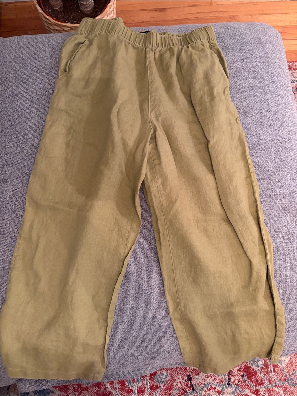 Tahari Olive Green Linen Wide-Leg Pull-On Pants